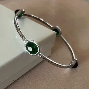 Silver Hammered Bangle Bracelet with Green Faceted Stones